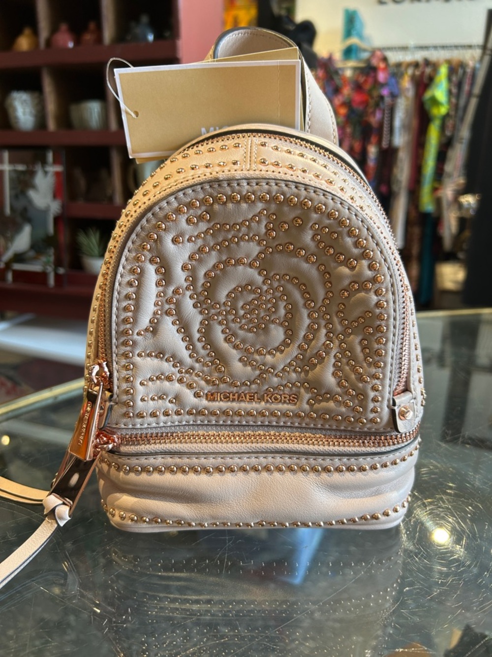 MICHAEL KORS Rhea Mini Rose Studded Leather Convertible Backpack. NWT.